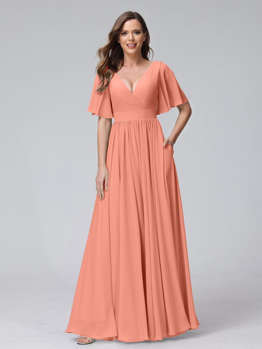 A-Line V-Neck Half Sleeves Long Chiffon Bridesmaid Dresses with Ruffles Split Side Pockets Salmon