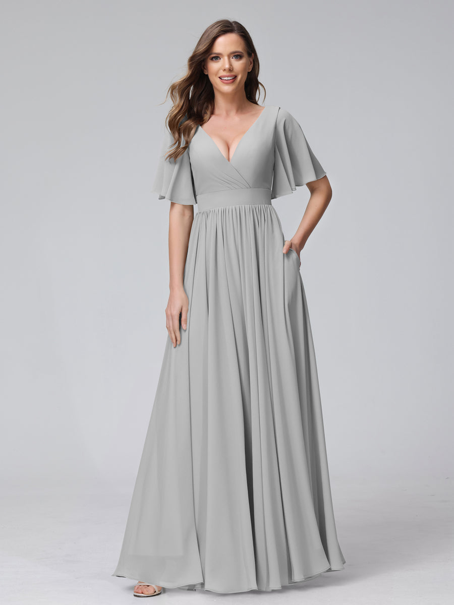 A-Line V-Neck Half Sleeves Long Chiffon Bridesmaid Dresses with Ruffles Split Side Pockets Silver