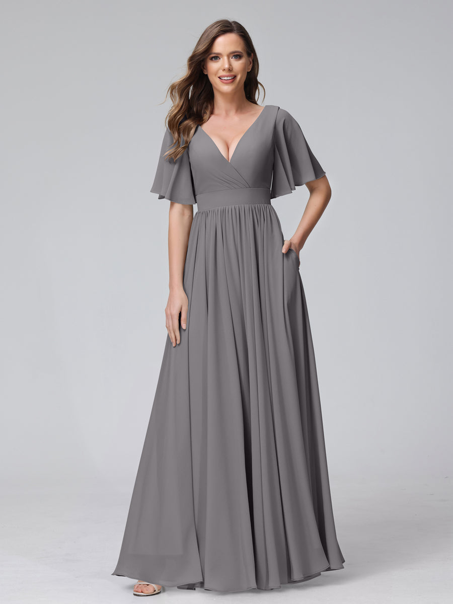 A-Line V-Neck Half Sleeves Long Chiffon Bridesmaid Dresses with Ruffles Split Side Pockets Silver Gray