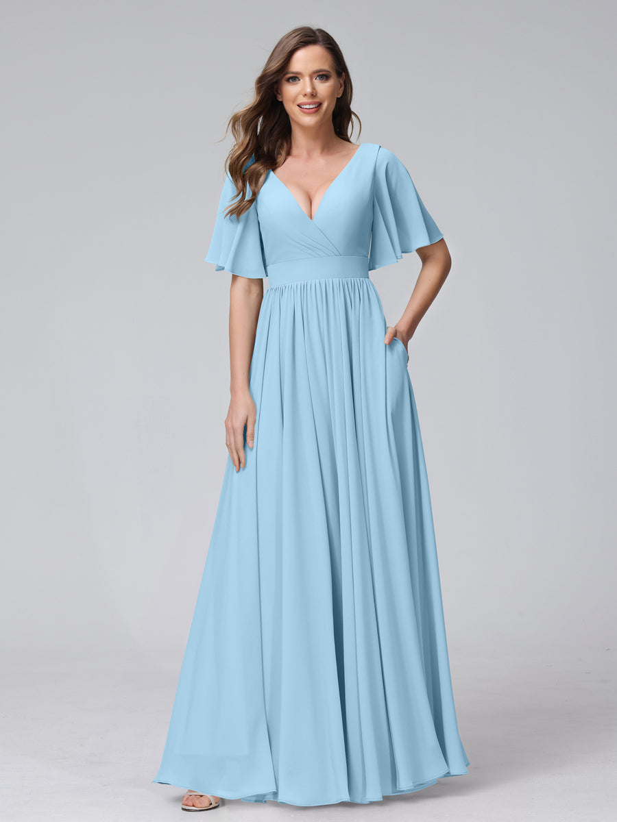 A-Line V-Neck Half Sleeves Long Chiffon Bridesmaid Dresses with Ruffles Split Side Pockets Sky Blue