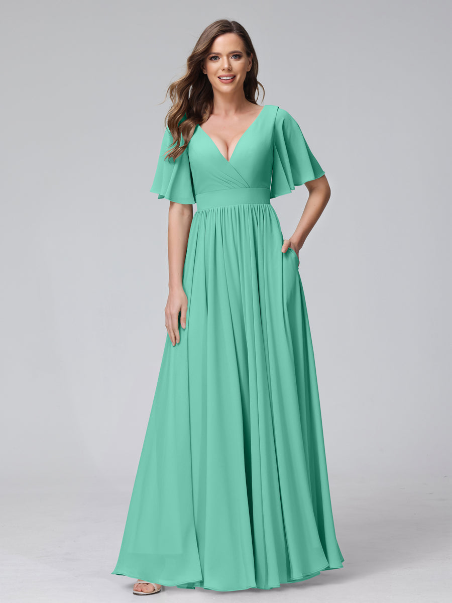 A-Line V-Neck Half Sleeves Long Chiffon Bridesmaid Dresses with Ruffles Split Side Pockets Spa