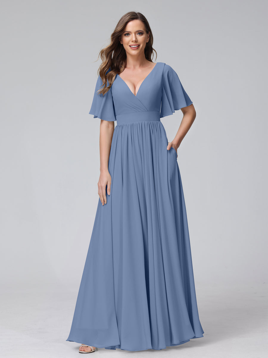 A-Line V-Neck Half Sleeves Long Chiffon Bridesmaid Dresses with Ruffles Split Side Pockets Steel Blue