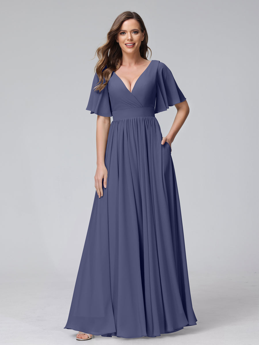 A-Line V-Neck Half Sleeves Long Chiffon Bridesmaid Dresses with Ruffles Split Side Pockets Stormy Blue
