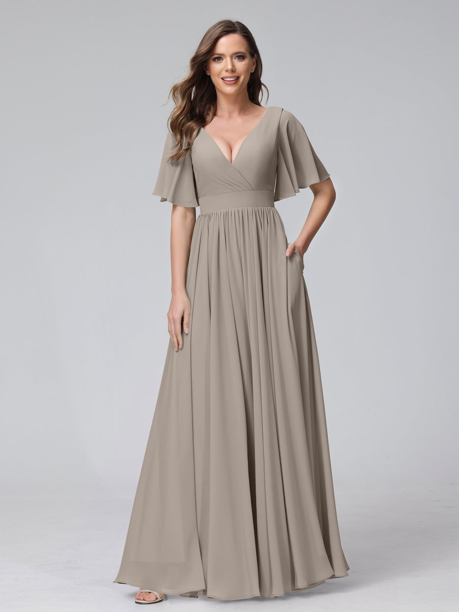 A-Line V-Neck Half Sleeves Long Chiffon Bridesmaid Dresses with Ruffles Split Side Pockets Taupe