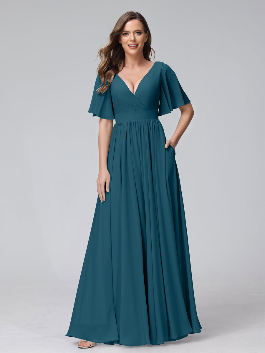 A-Line V-Neck Half Sleeves Long Chiffon Bridesmaid Dresses with Ruffles Split Side Pockets Teal