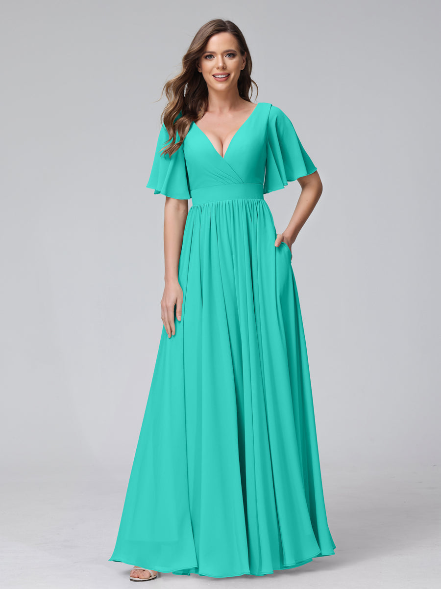 A-Line V-Neck Half Sleeves Long Chiffon Bridesmaid Dresses with Ruffles Split Side Pockets Turquoise