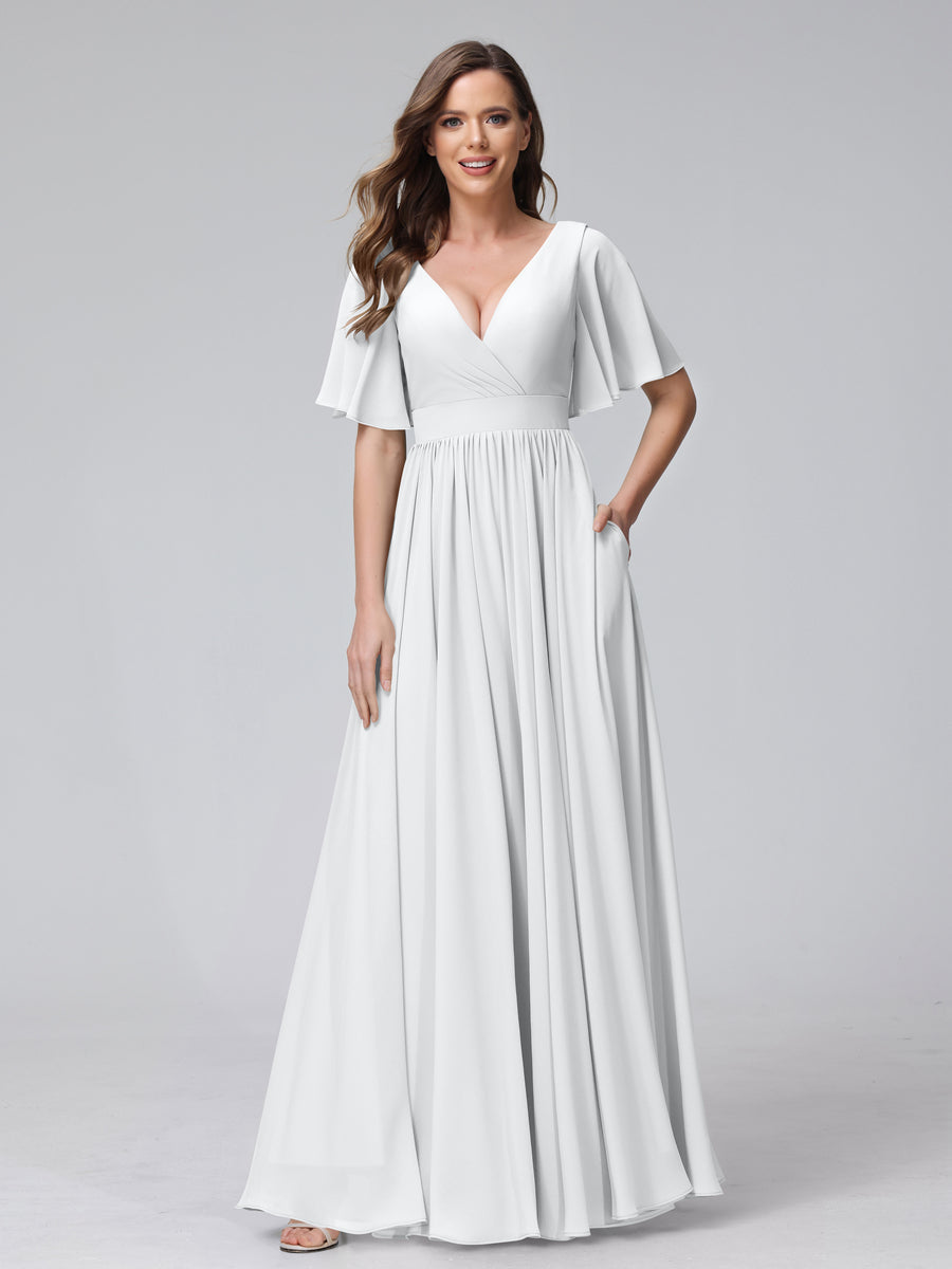A-Line V-Neck Half Sleeves Long Chiffon Bridesmaid Dresses with Ruffles Split Side Pockets White