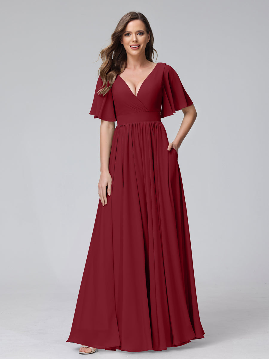 A-Line V-Neck Half Sleeves Long Chiffon Bridesmaid Dresses with Ruffles Split Side Pockets Wine Red
