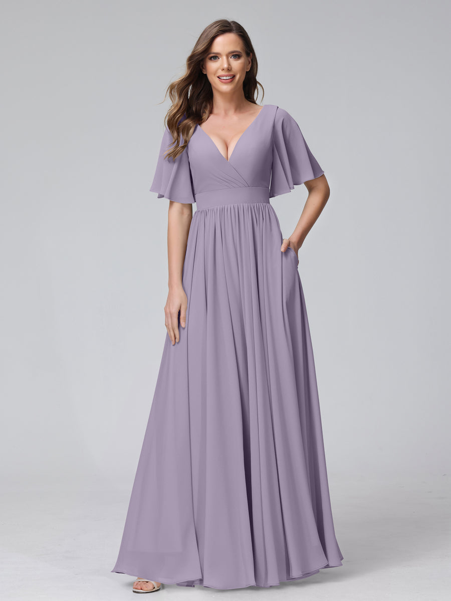 A-Line V-Neck Half Sleeves Long Chiffon Bridesmaid Dresses with Ruffles Split Side Pockets Wisteria