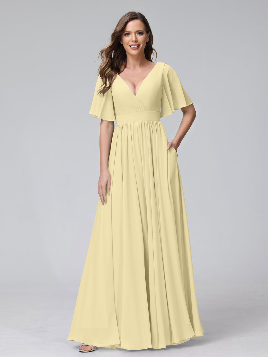 A-Line V-Neck Half Sleeves Long Chiffon Bridesmaid Dresses with Ruffles Split Side Pockets Yellow