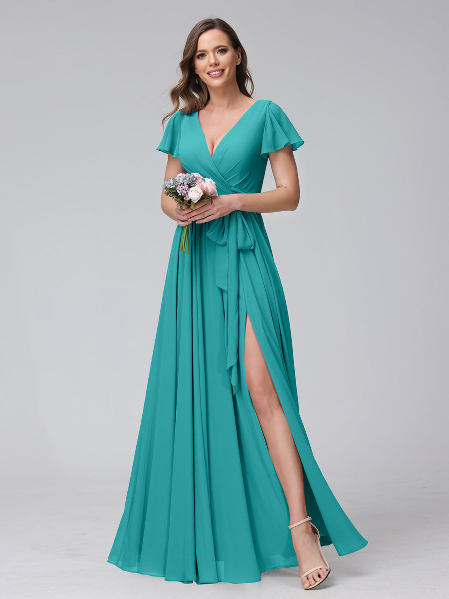 A-Line V-Neck Short Sleeves Long Chiffon Bridesmaid Dresses With Split Side Aqua Blue