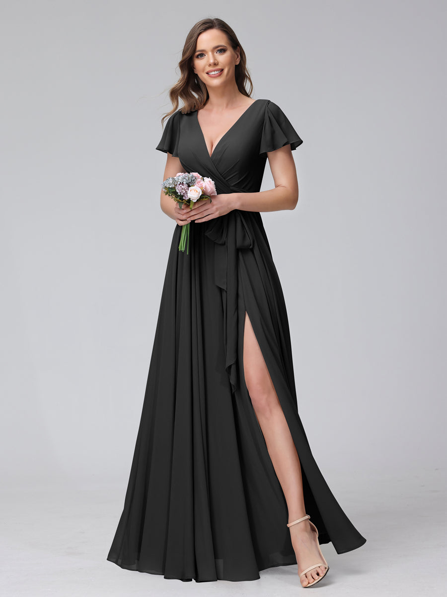 A-Line V-Neck Short Sleeves Long Chiffon Bridesmaid Dresses With Split Side Black