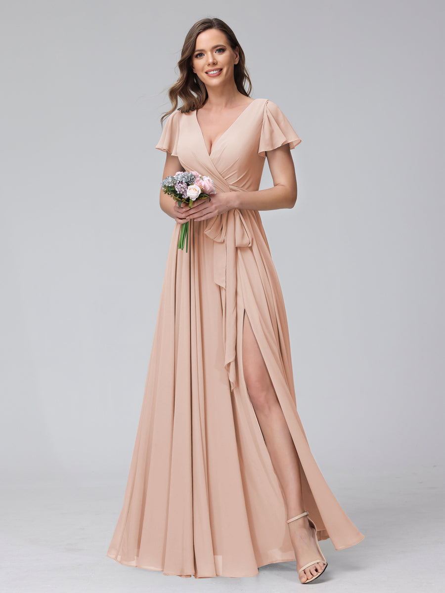 A-Line V-Neck Short Sleeves Long Chiffon Bridesmaid Dresses With Split Side Blush Pink