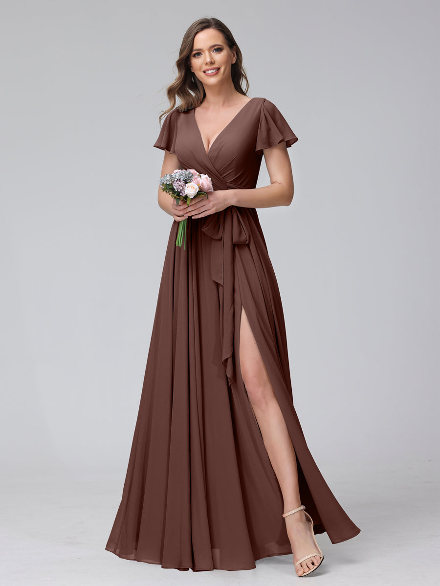 A-Line V-Neck Short Sleeves Long Chiffon Bridesmaid Dresses With Split Side Brown