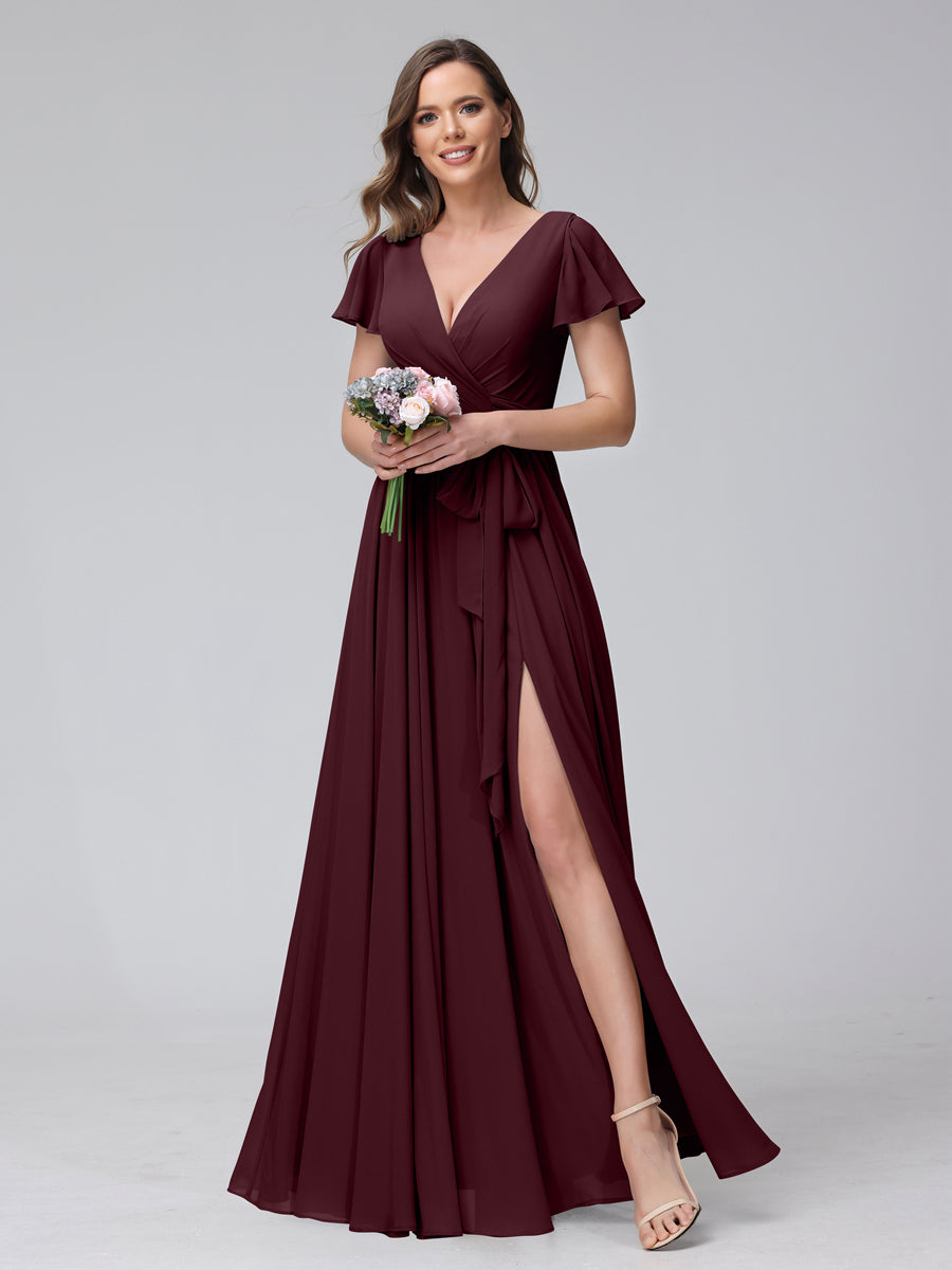 A-Line V-Neck Short Sleeves Long Chiffon Bridesmaid Dresses With Split Side Burgundy