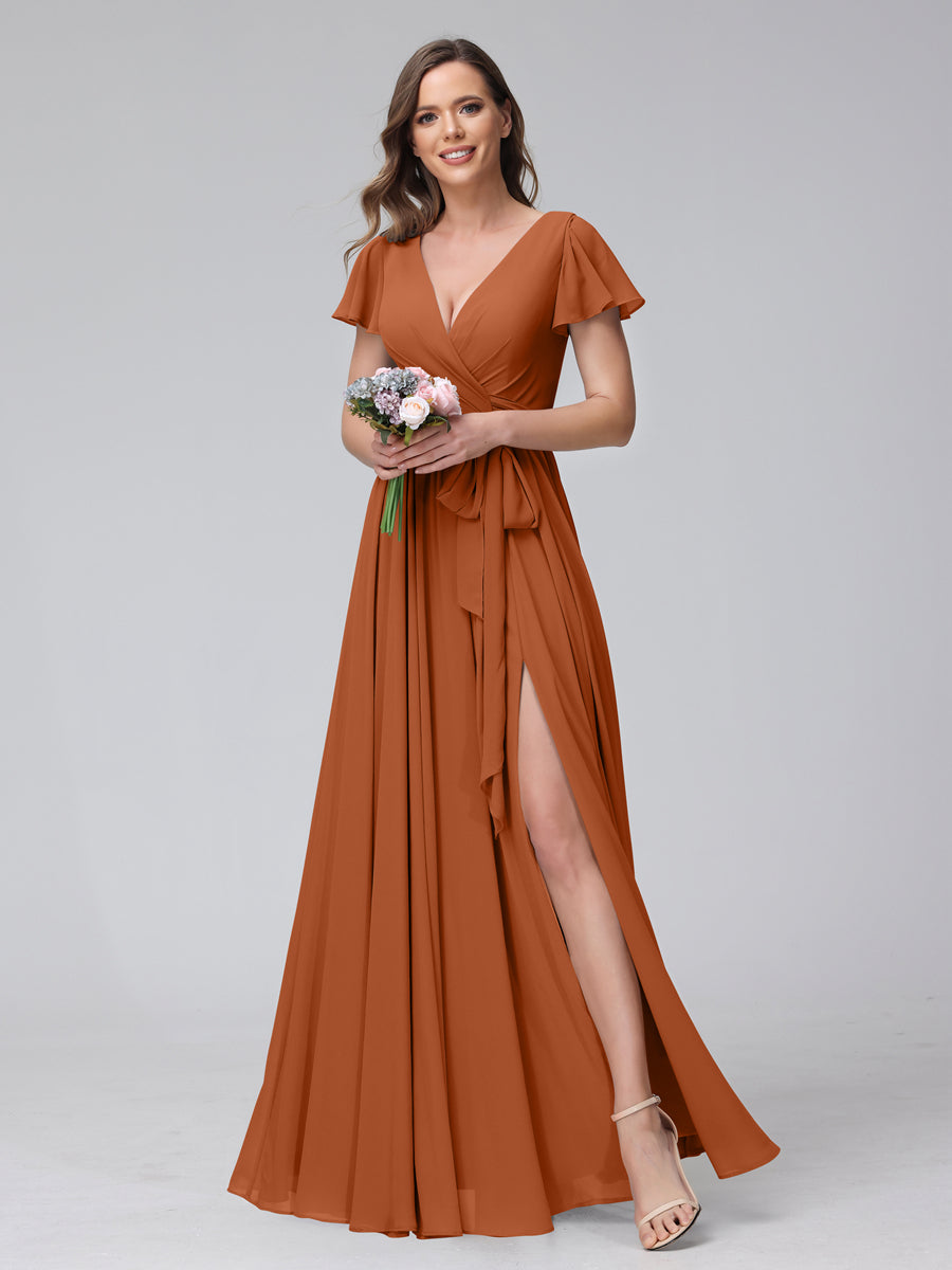 A-Line V-Neck Short Sleeves Long Chiffon Bridesmaid Dresses With Split Side Burnt Orange