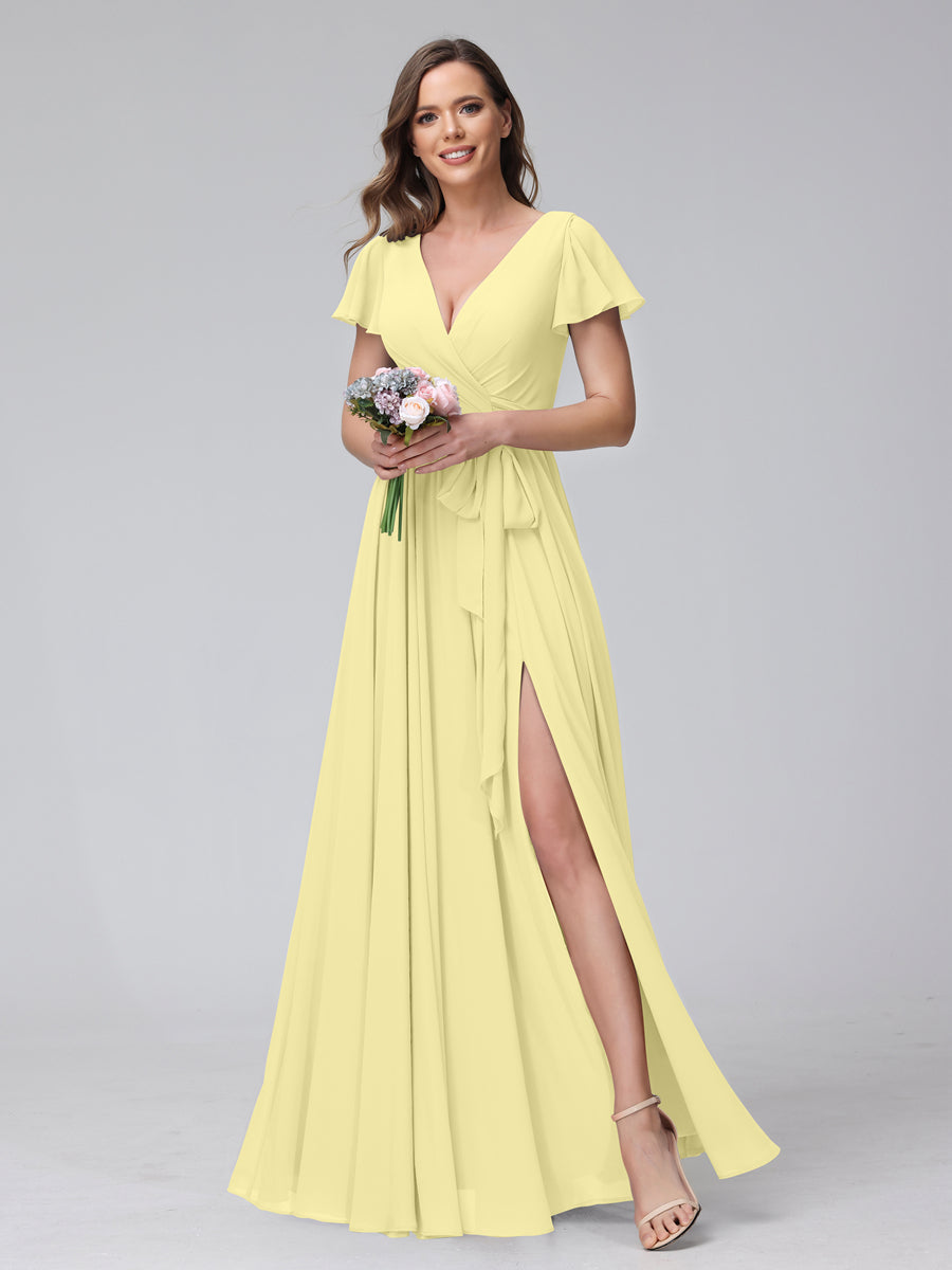 A-Line V-Neck Short Sleeves Long Chiffon Bridesmaid Dresses With Split Side Canary
