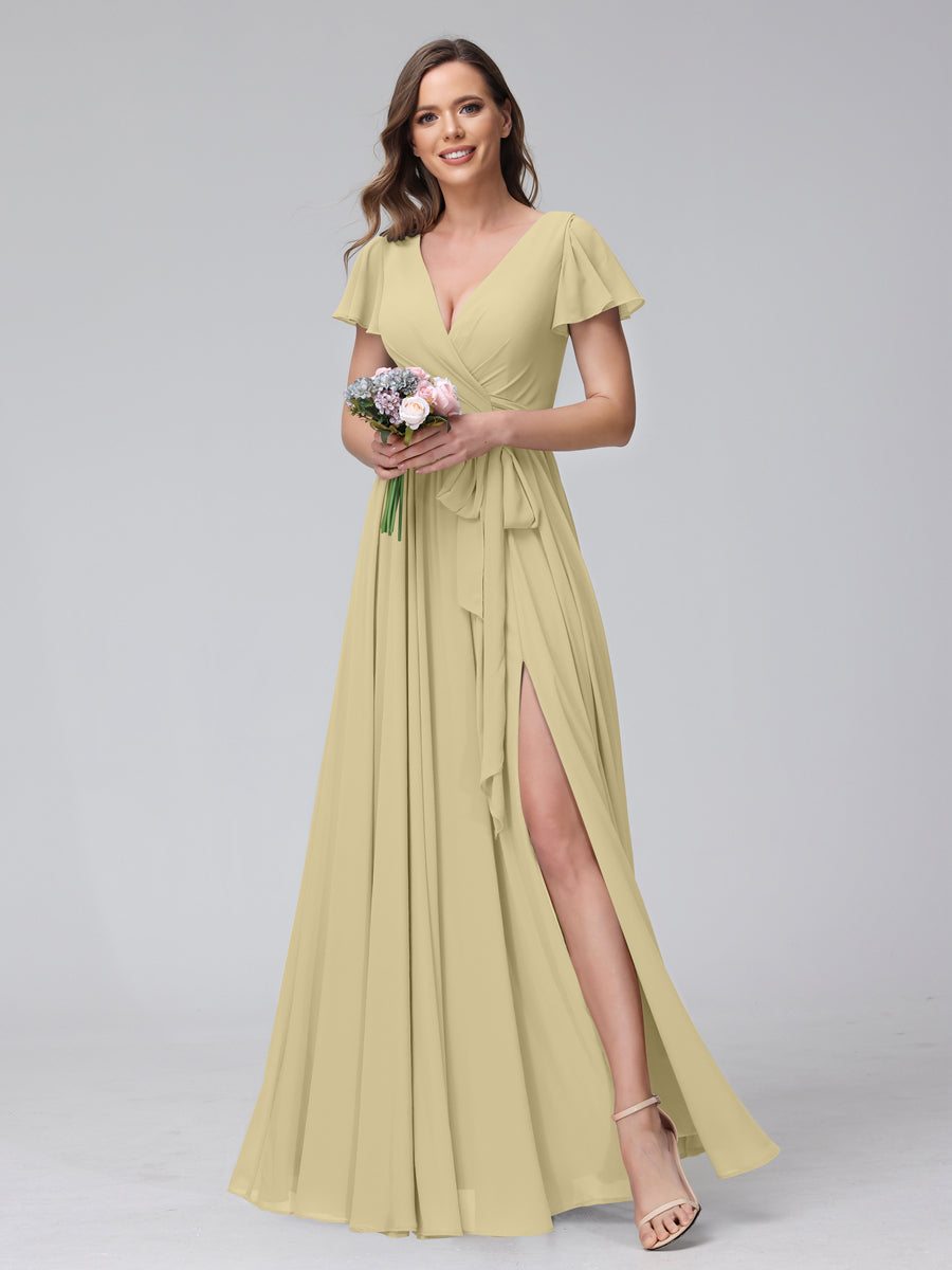 A-Line V-Neck Short Sleeves Long Chiffon Bridesmaid Dresses With Split Side Champagne