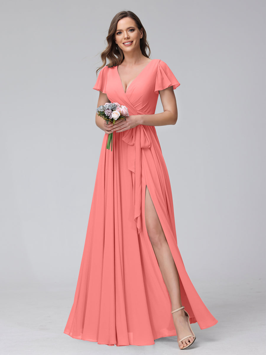 A-Line V-Neck Short Sleeves Long Chiffon Bridesmaid Dresses With Split Side Coral