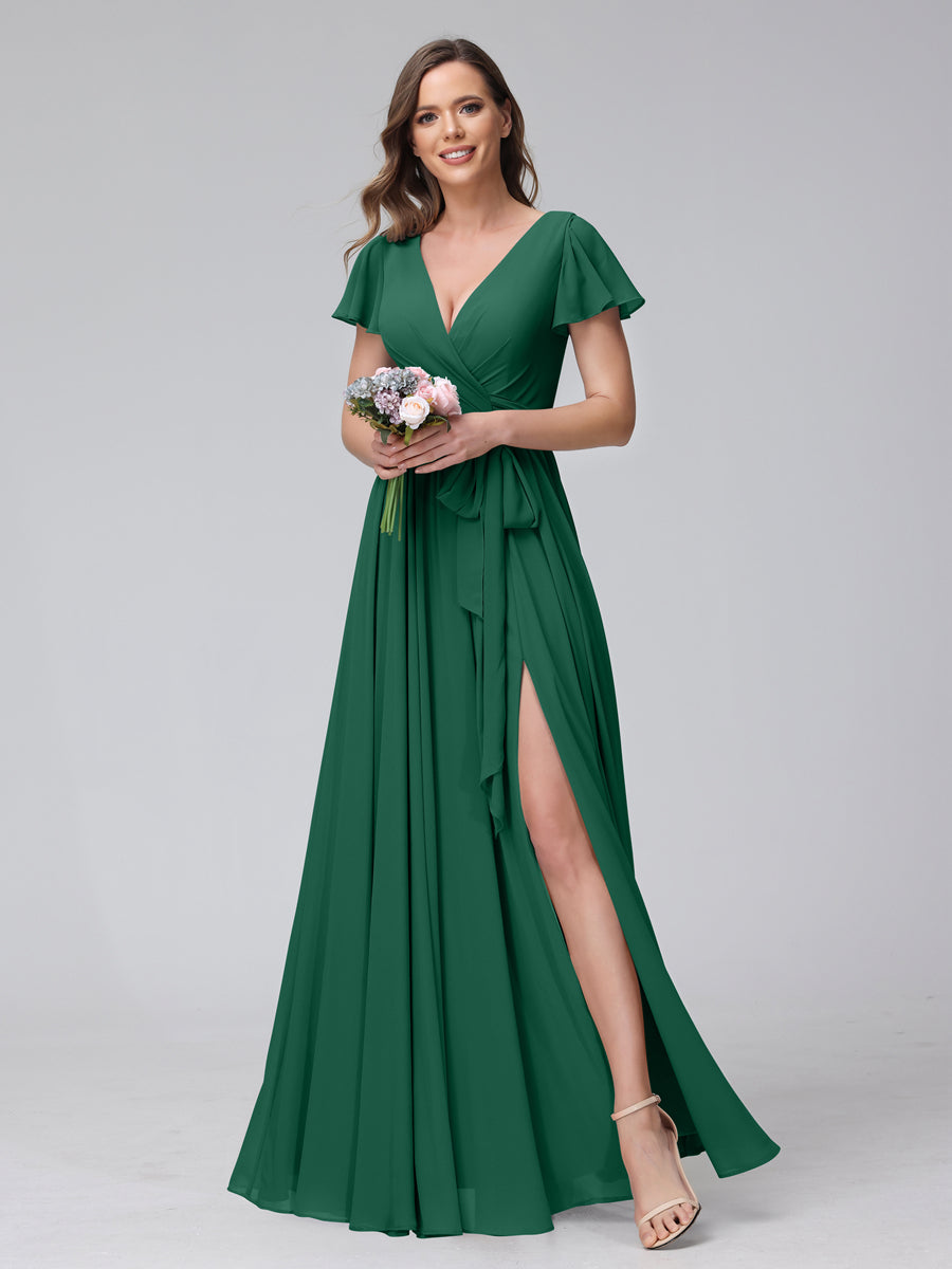 A-Line V-Neck Short Sleeves Long Chiffon Bridesmaid Dresses With Split Side Dark Green
