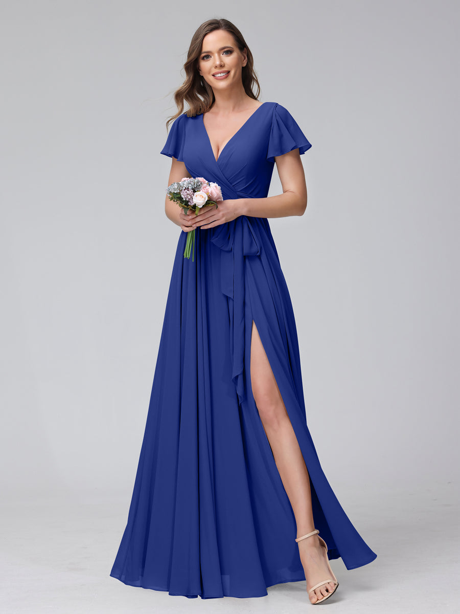 A-Line V-Neck Short Sleeves Long Chiffon Bridesmaid Dresses With Split Side Dark Royal Blue