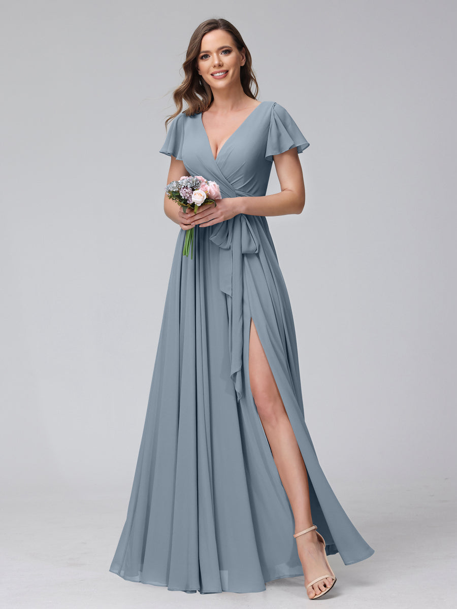 A-Line V-Neck Short Sleeves Long Chiffon Bridesmaid Dresses With Split Side Dusty Blue