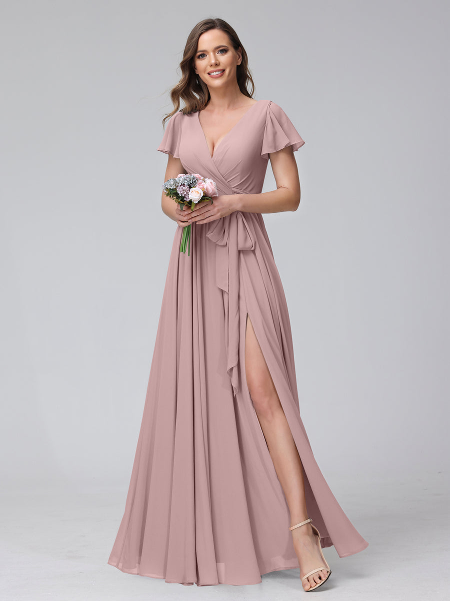 A-Line V-Neck Short Sleeves Long Chiffon Bridesmaid Dresses With Split Side Dusty Pink