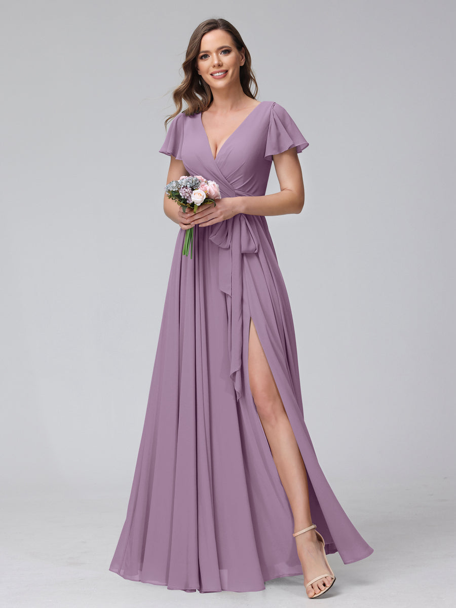 A-Line V-Neck Short Sleeves Long Chiffon Bridesmaid Dresses With Split Side Dusty Purple