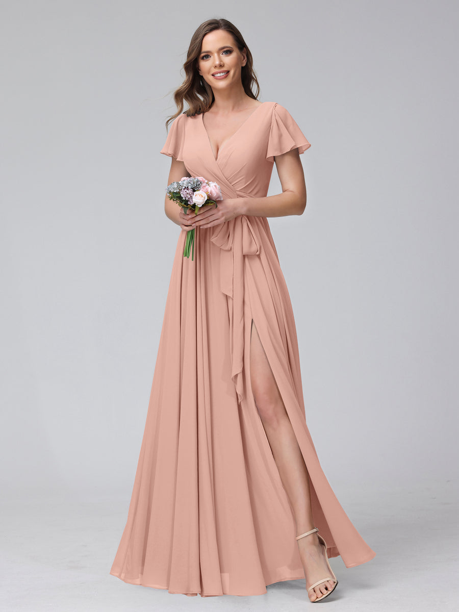 A-Line V-Neck Short Sleeves Long Chiffon Bridesmaid Dresses With Split Side Dusty Rose