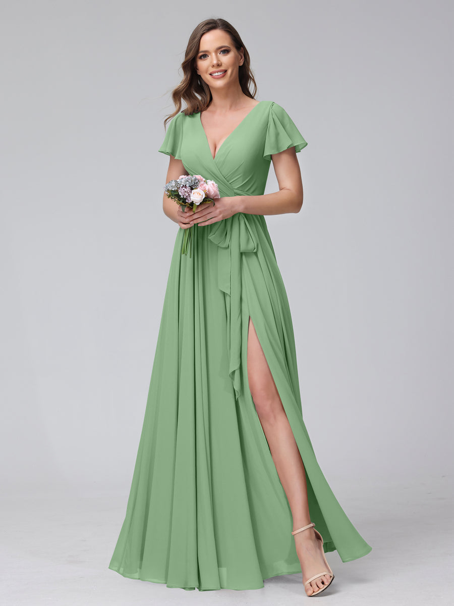 A-Line V-Neck Short Sleeves Long Chiffon Bridesmaid Dresses With Split Side Dusty Sage