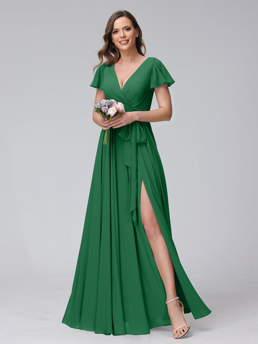 A-Line V-Neck Short Sleeves Long Chiffon Bridesmaid Dresses With Split Side Emerald