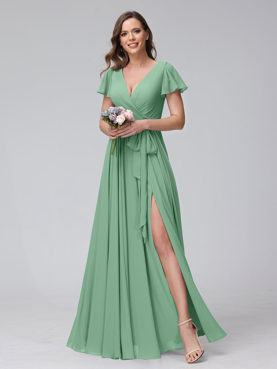 A-Line V-Neck Short Sleeves Long Chiffon Bridesmaid Dresses With Split Side Eucalyptus