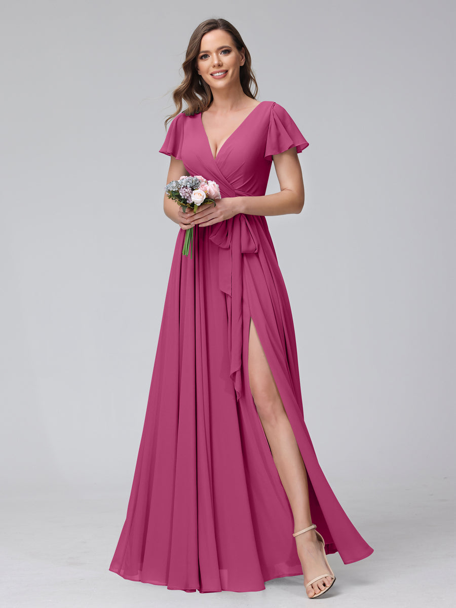 A-Line V-Neck Short Sleeves Long Chiffon Bridesmaid Dresses With Split Side Fuchsia