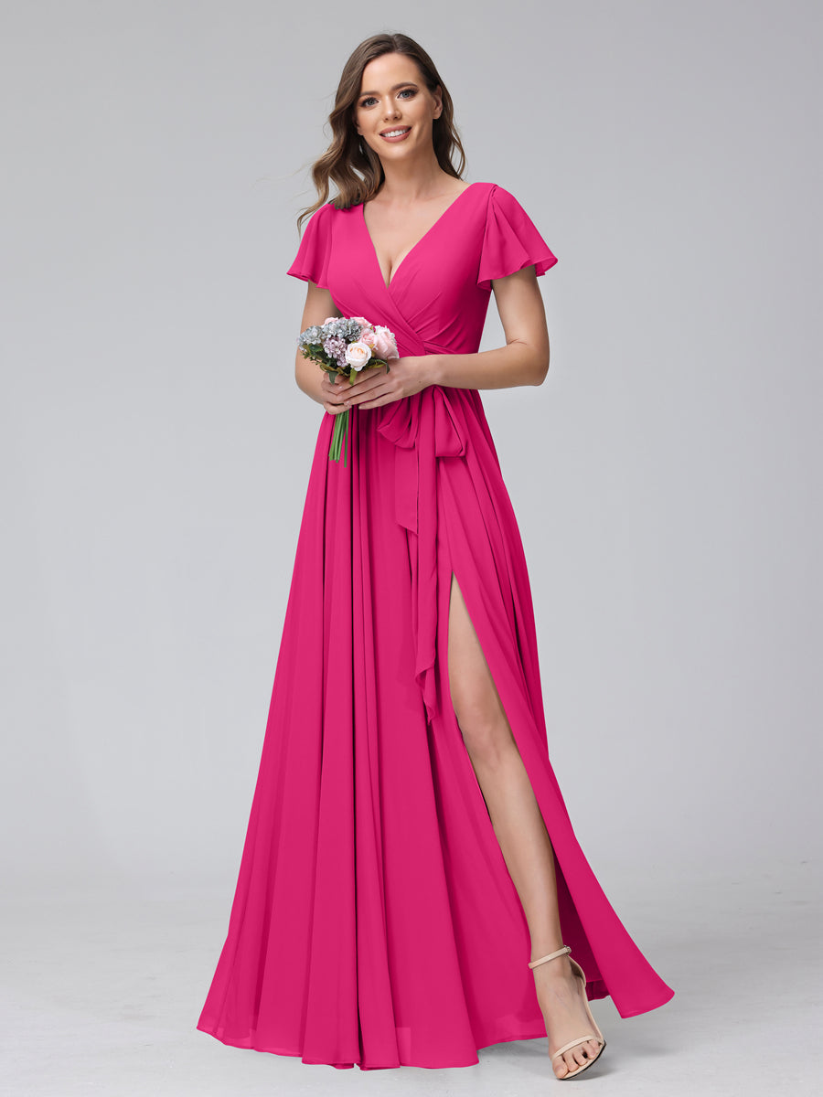 A-Line V-Neck Short Sleeves Long Chiffon Bridesmaid Dresses With Split Side Fuchsia Pink
