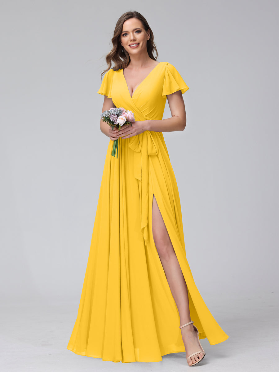 A-Line V-Neck Short Sleeves Long Chiffon Bridesmaid Dresses With Split Side Gold