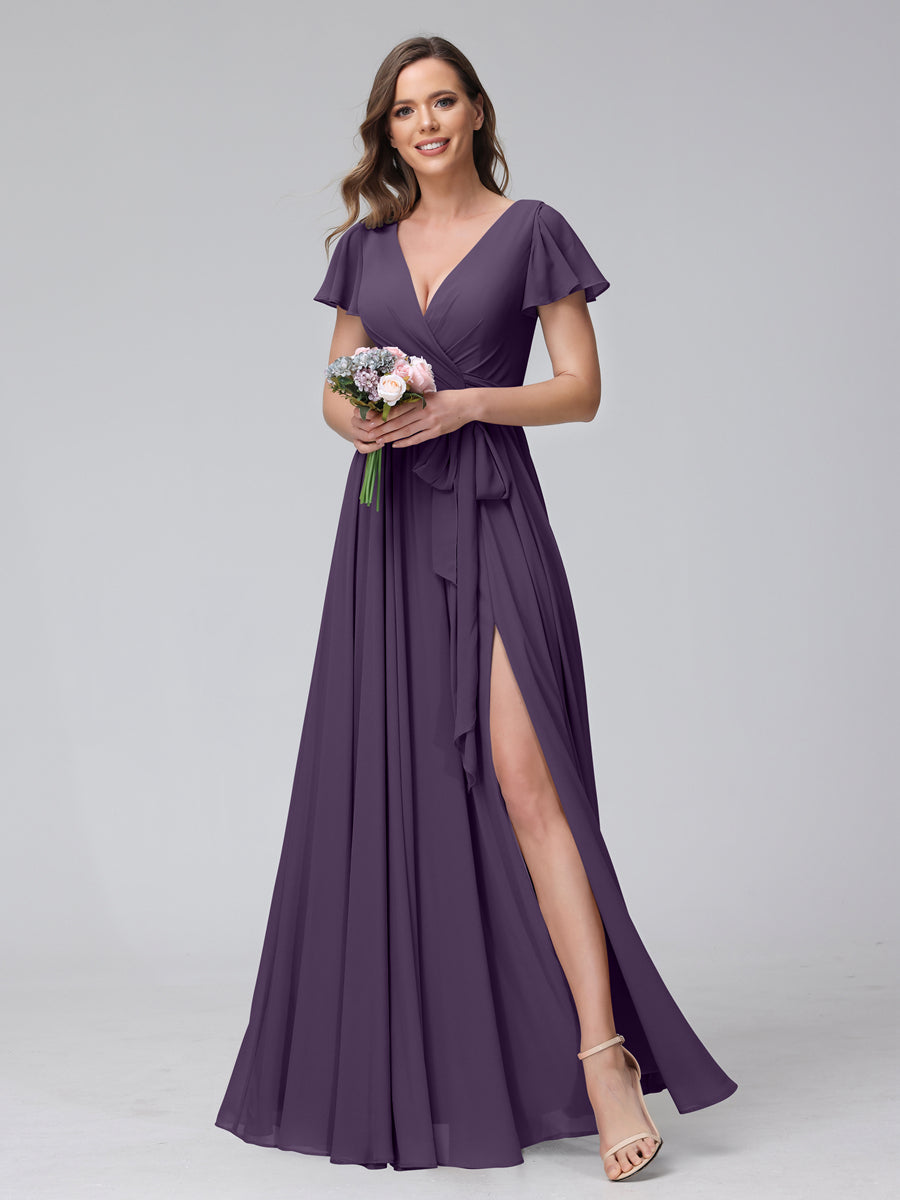 A-Line V-Neck Short Sleeves Long Chiffon Bridesmaid Dresses With Split Side Grape