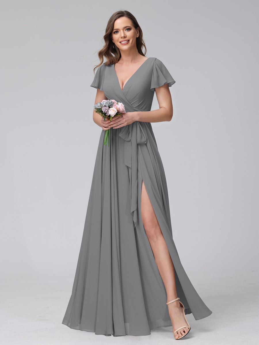 A-Line V-Neck Short Sleeves Long Chiffon Bridesmaid Dresses With Split Side Gray