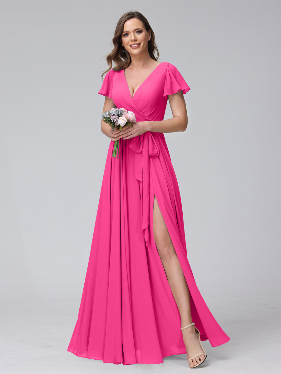 A-Line V-Neck Short Sleeves Long Chiffon Bridesmaid Dresses With Split Side Hot Pink
