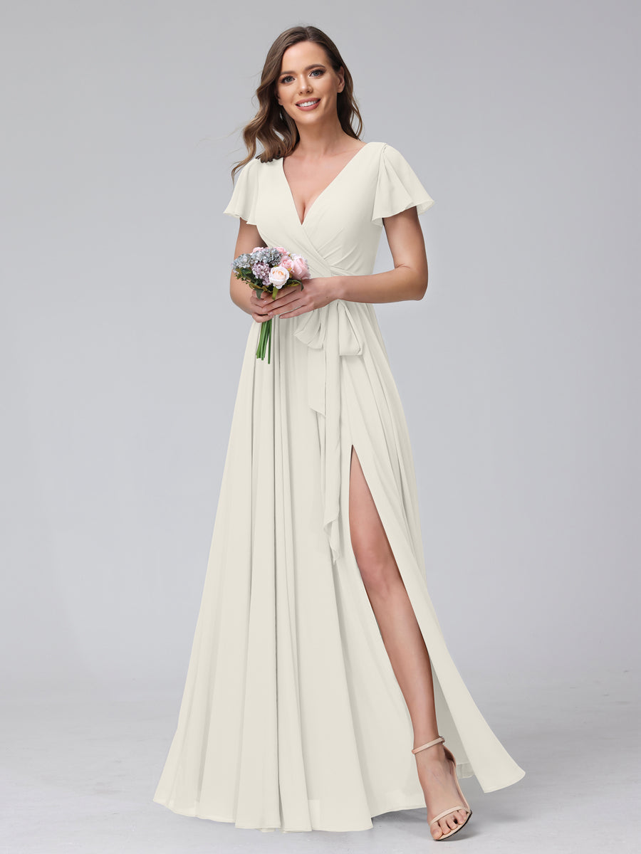 A-Line V-Neck Short Sleeves Long Chiffon Bridesmaid Dresses With Split Side Ivory