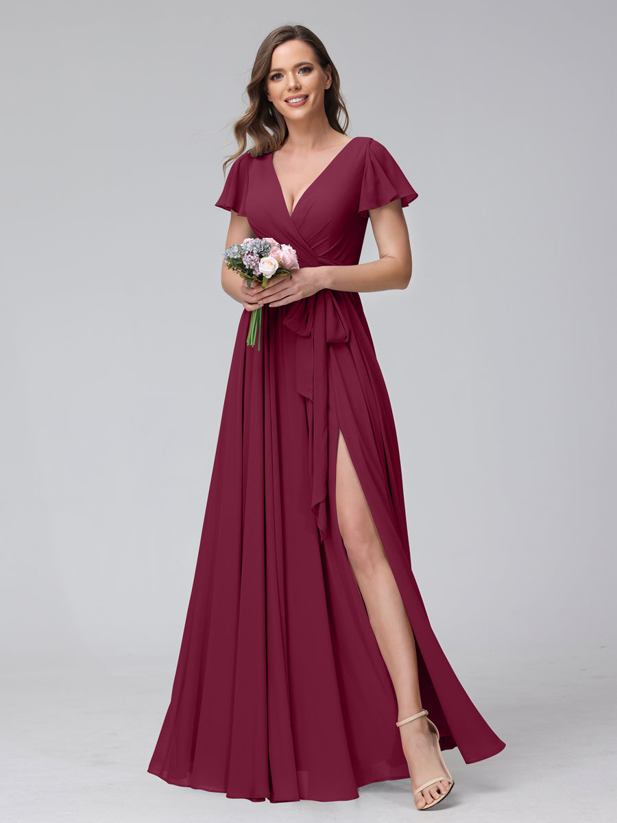 A-Line V-Neck Short Sleeves Long Chiffon Bridesmaid Dresses With Split Side Light Burgundy