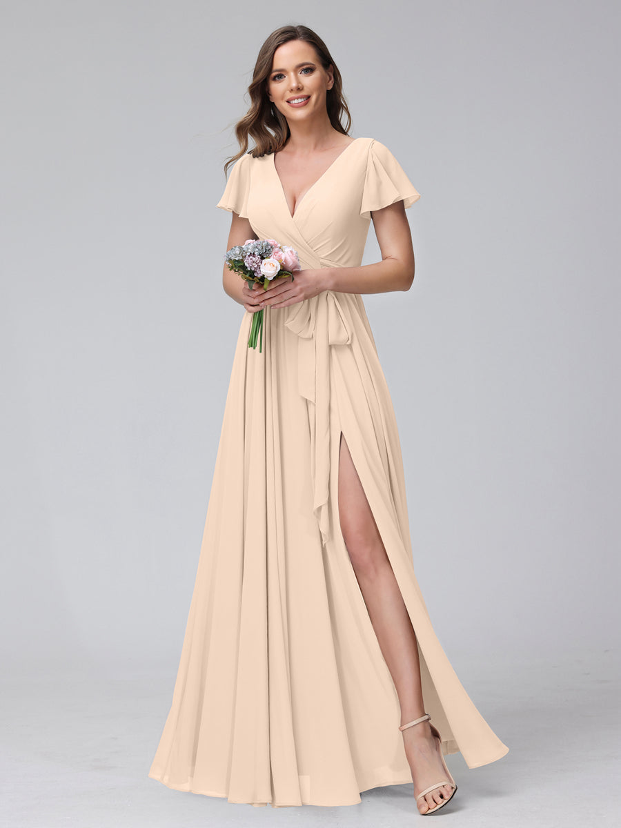 A-Line V-Neck Short Sleeves Long Chiffon Bridesmaid Dresses With Split Side Light Champagne