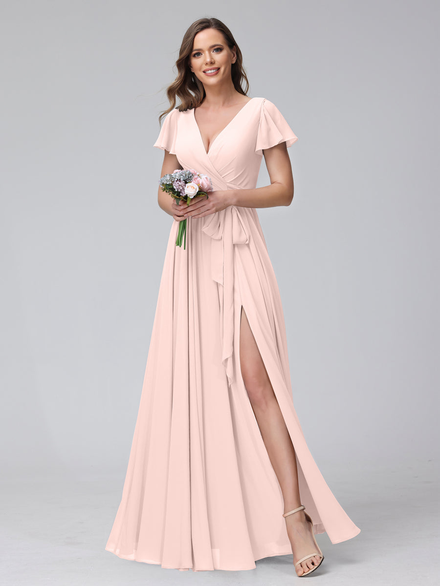 A-Line V-Neck Short Sleeves Long Chiffon Bridesmaid Dresses With Split Side Light Pink