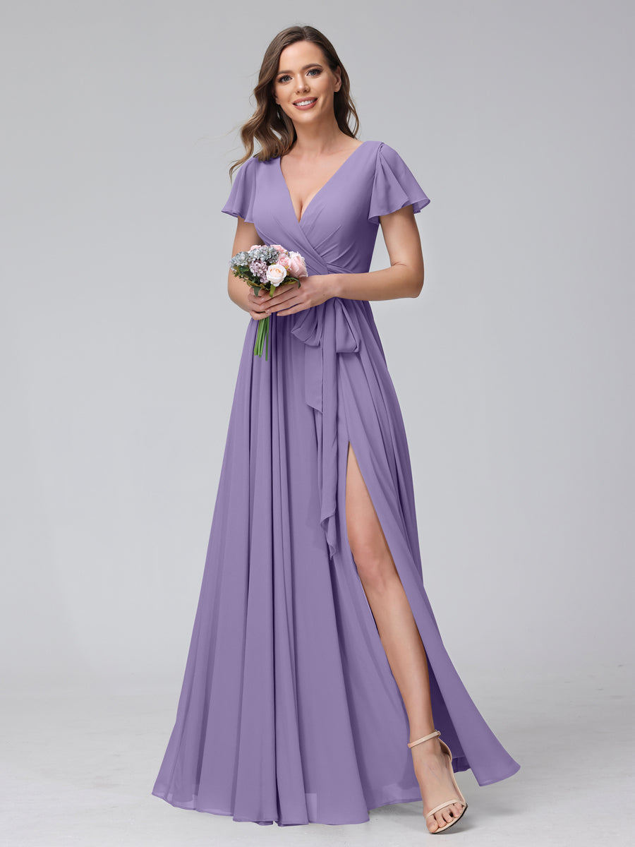 A-Line V-Neck Short Sleeves Long Chiffon Bridesmaid Dresses With Split Side Light Purple