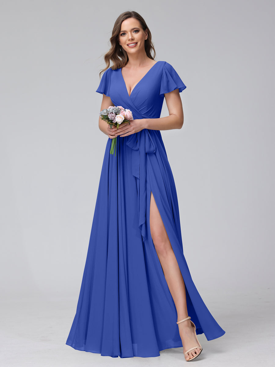 A-Line V-Neck Short Sleeves Long Chiffon Bridesmaid Dresses With Split Side Light Royal Blue