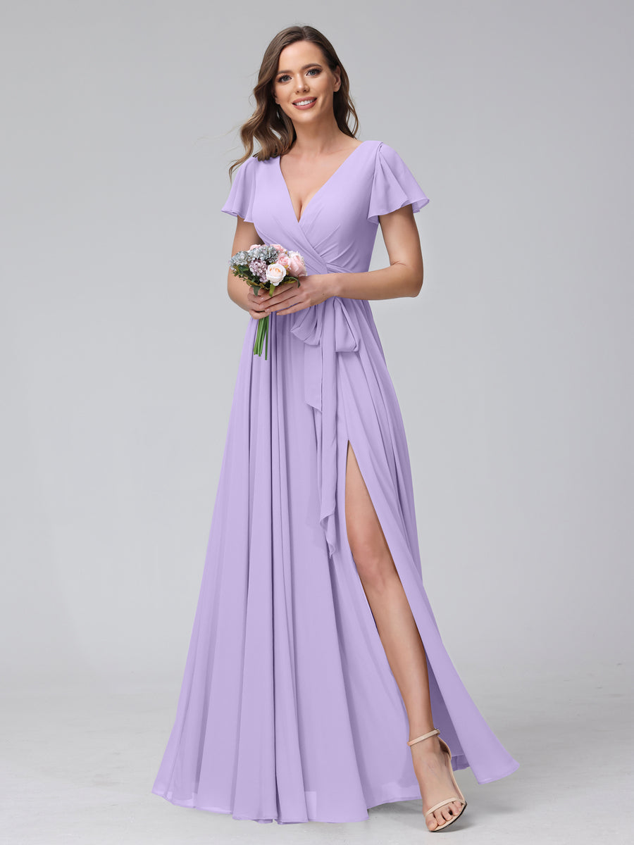 A-Line V-Neck Short Sleeves Long Chiffon Bridesmaid Dresses With Split Side Lilac