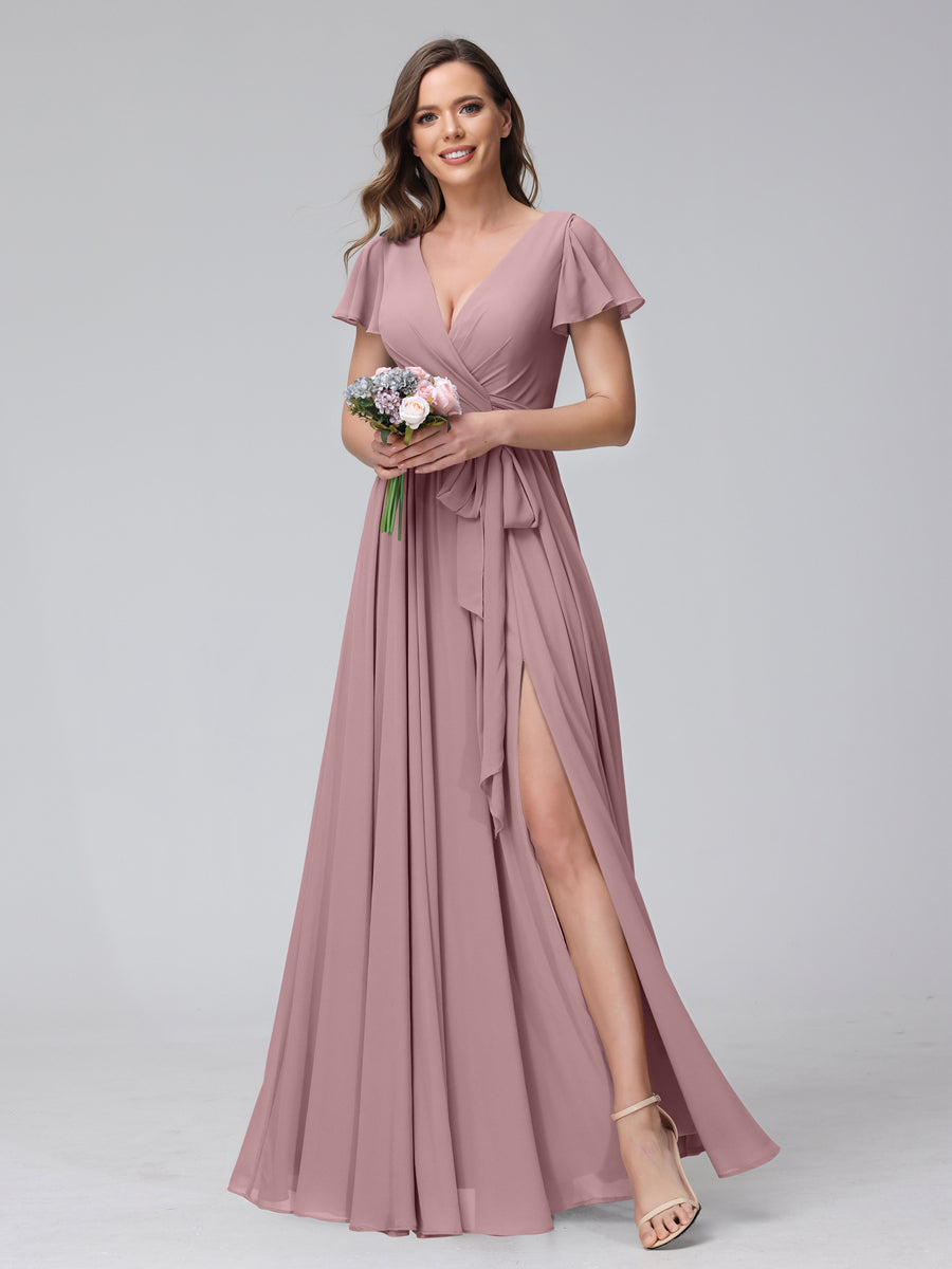 A-Line V-Neck Short Sleeves Long Chiffon Bridesmaid Dresses With Split Side Mauve