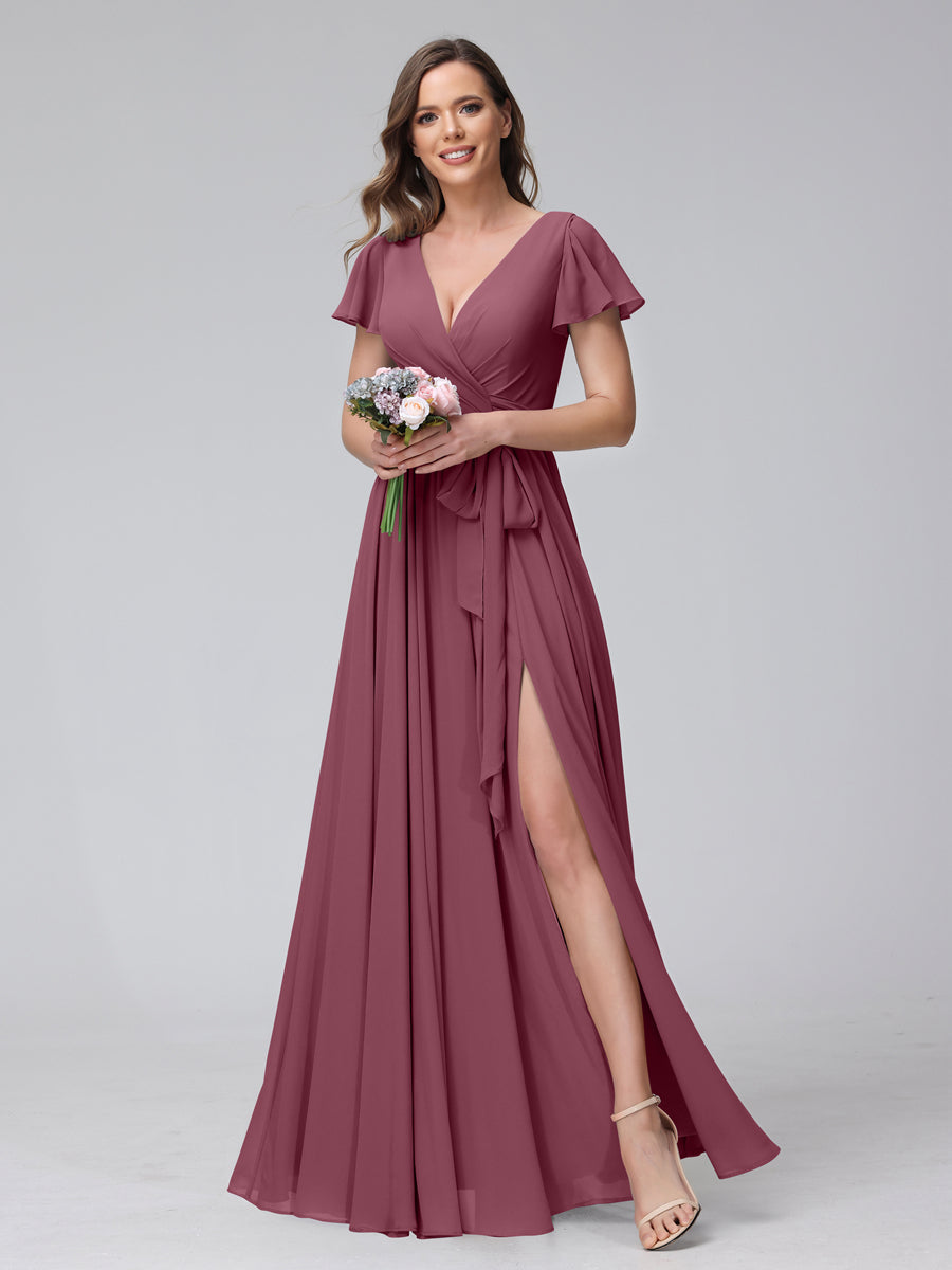 A-Line V-Neck Short Sleeves Long Chiffon Bridesmaid Dresses With Split Side Mulberry