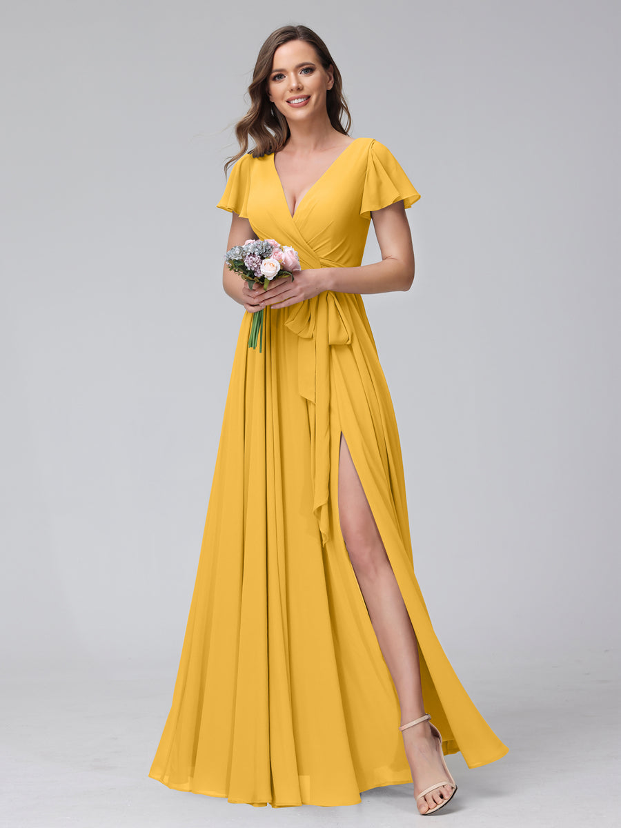 A-Line V-Neck Short Sleeves Long Chiffon Bridesmaid Dresses With Split Side Mustard Yellow