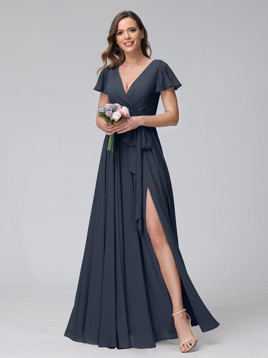 A-Line V-Neck Short Sleeves Long Chiffon Bridesmaid Dresses With Split Side Navy Blue