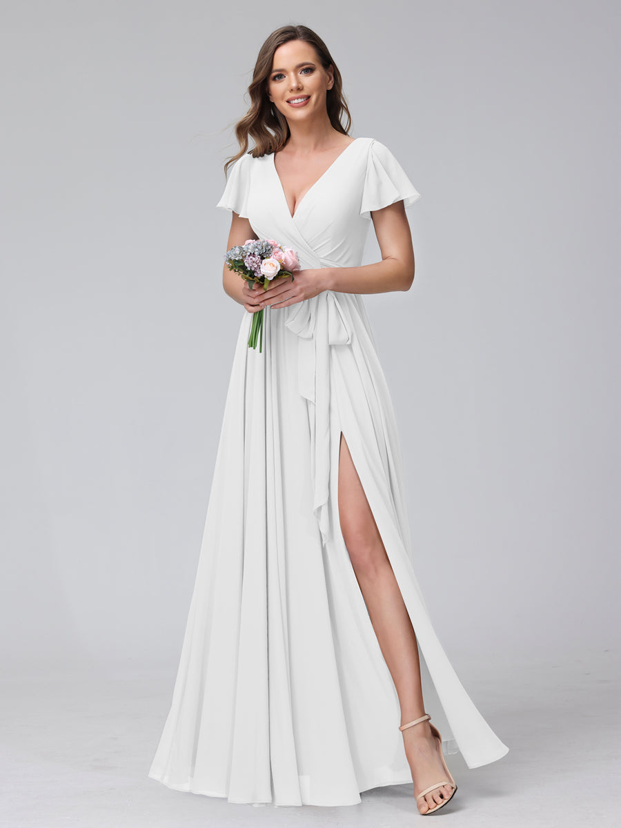 A-Line V-Neck Short Sleeves Long Chiffon Bridesmaid Dresses With Split Side Off White